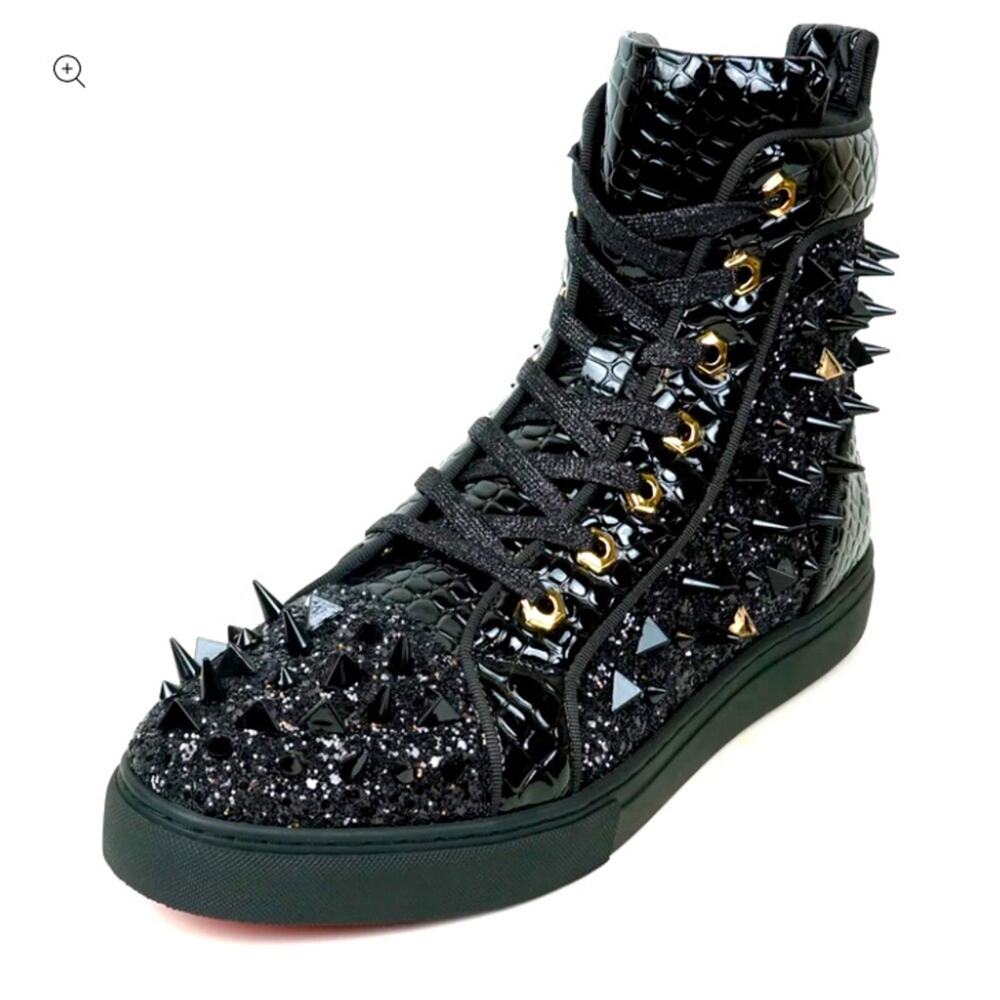 FI-2369 Black Glitter Black Spikes Lace up High top Sneaker Encore by Fiesso